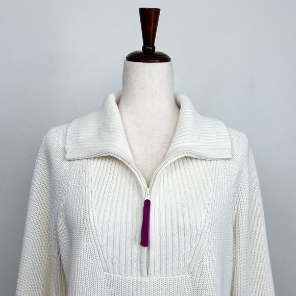 Talbots Cream Stripe Sweater Knit Fold-Over Collar Quarter-Zip Pullover - Picture 4 of 8